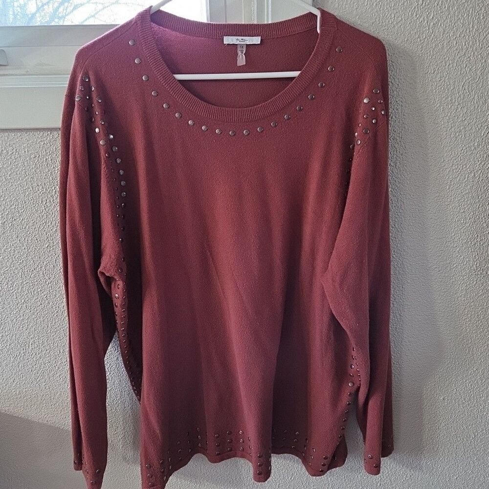 VILA MILANO CREWNECK LIGHT WEIGHT STUDDED BURGANDY LONG SLEEVE SWEATER SZ 1X